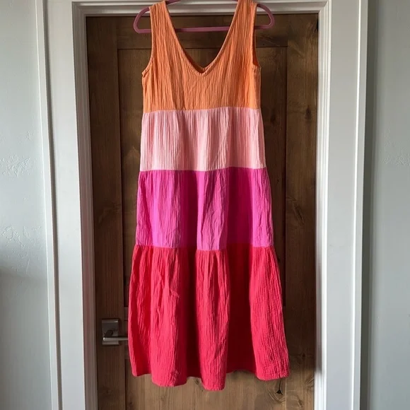 Marine Layer Corrine Gauze Maxi Dress XS Tiered Crinkle Rainbow Beachy - Picture 1 of 9